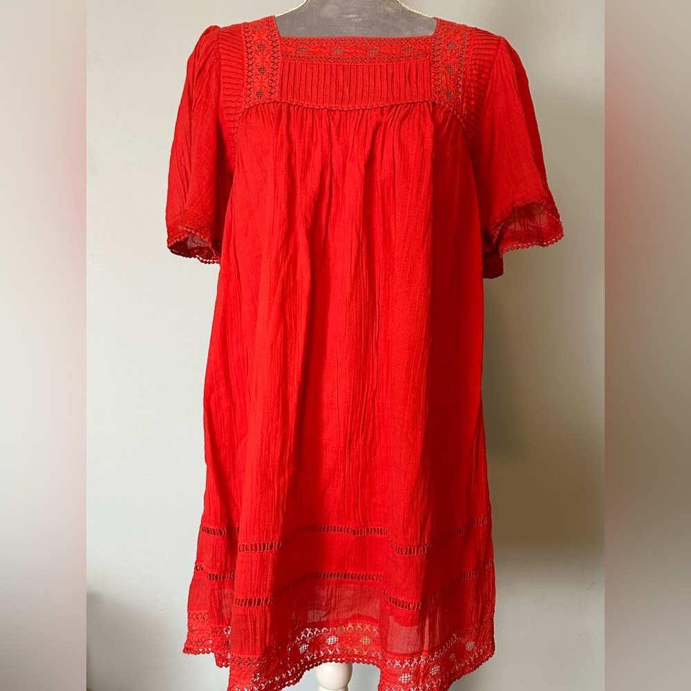 Topshop red bohemian square neck 100% cotton dress size 4